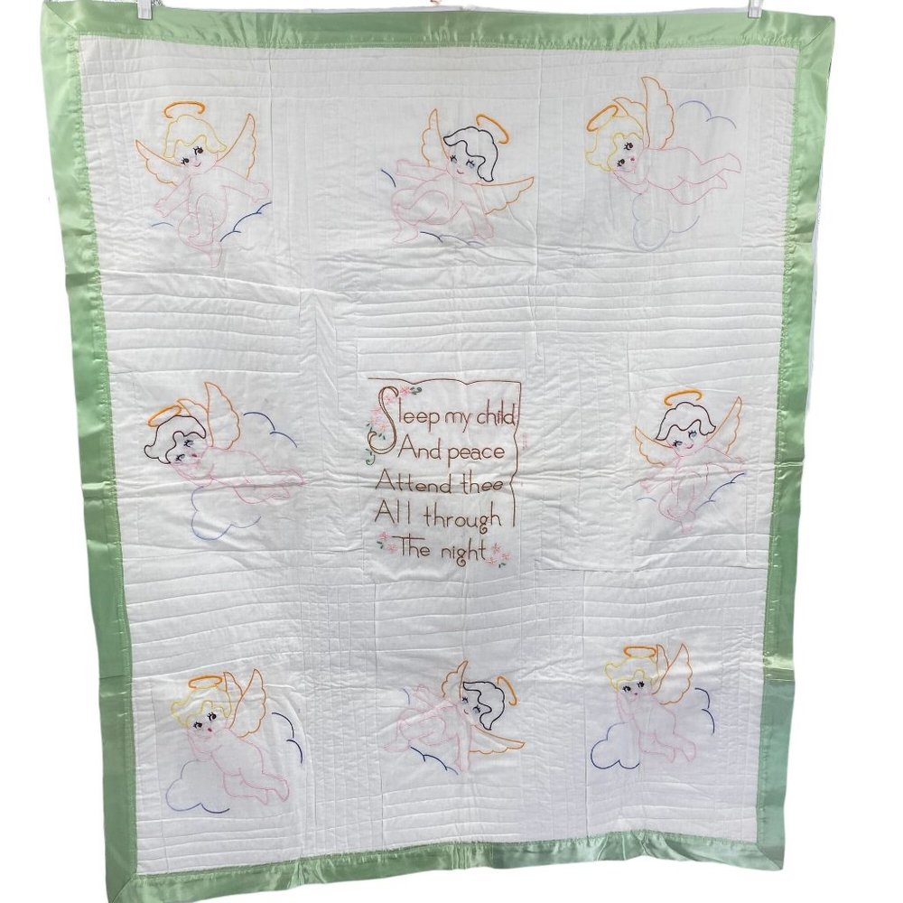 Angel embroidered baby crib quilt blanket unfinished?? satin‎ trim